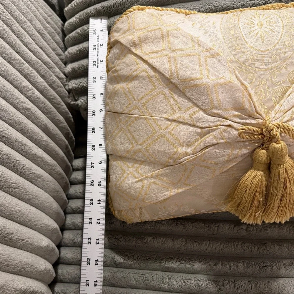 Cream Gold Damask Brocade Tassel Accent Pillow Pleated Front Pocket 14x10